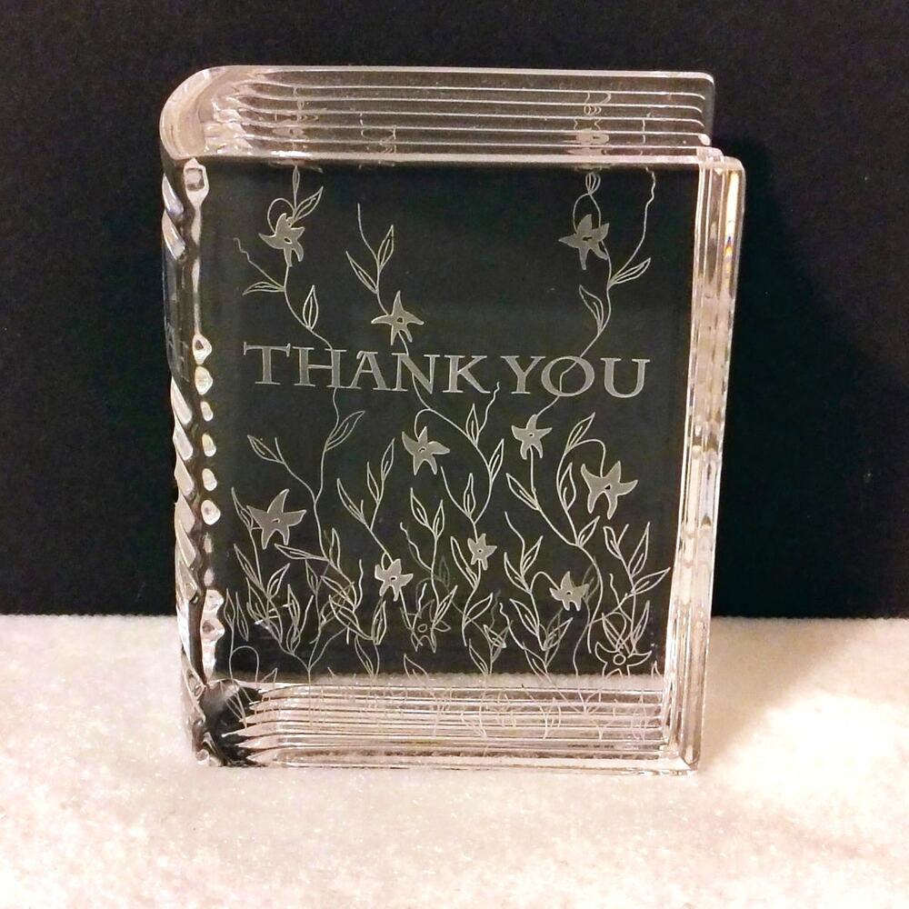 Stuart Clear Cut Crystal Thank You DaisyFloral Book Art Figurine Paperweight Vtg